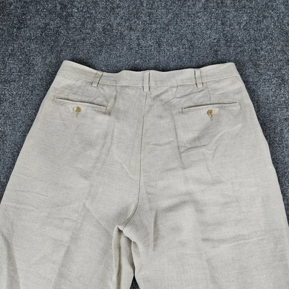 Caribbean Mens Tan Herringbone Linen Cotton Pleated Dress Pants 36x32